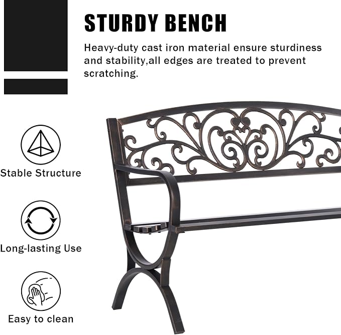 MFSTUDIO 50 Inches Outdoor Garden Bench, Cast Iron Metal Frame Patio Park Bench with Floral Pattern Backrest, Arch Legs for Porch, Lawn, Yard-Bronze