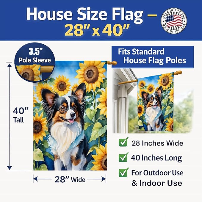Caroline's Treasures DAC6131CHF Papillon in Sunflowers House Flag Large Porch Sleeve Pole Decorative Outside Yard Banner Artwork Wall Hanging, Polyester, House Size, Multicolor