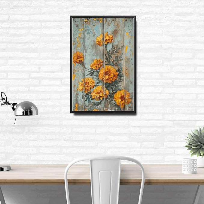 Metal Sign Tin Sign Vintage Wall Art Antique Exuberance Marigolds Tin Sign for Shabby Chic Style Bright Petals Displays and Corrosion Wall Art for Room 6×8 Inches with Metal Frame