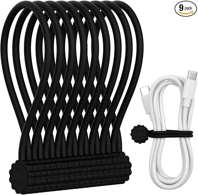 Rich&Ray Silicone Magnetic Twist Ties, Reusable Magnetic Ties for Bundling and Organizing Cable, Hanging or Holding Stuff, Kitchen Magnets, Office Magnets or Just for Fun (Black, 9 pack)