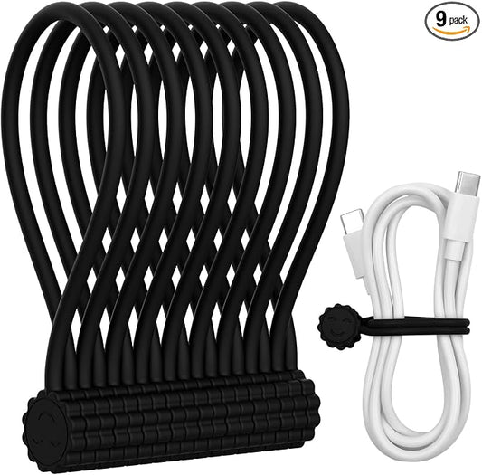 Rich&Ray Silicone Magnetic Twist Ties, Reusable Magnetic Ties for Bundling and Organizing Cable, Hanging or Holding Stuff, Kitchen Magnets, Office Magnets or Just for Fun (Black, 9 pack)