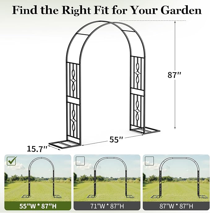 Metal Garden Arch, Heavy Duty Garden Trellis for Climbing Plants, with Enlarged Base for Stability, Ideal for Wedding Arches & Party Decorations, 55" W x 87" H