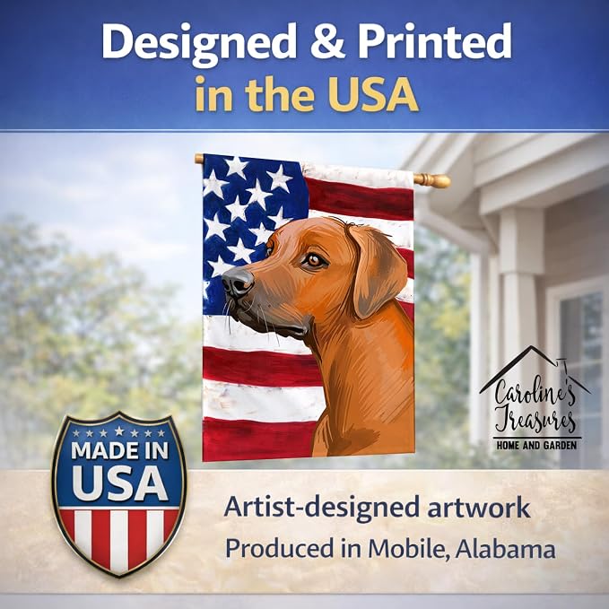 Caroline's Treasures CK6676CHF Rhodesian Ridgeback Dog American Flag House Flag Large Porch Sleeve Pole Decorative Outside Yard Banner Artwork Wall Hanging, Polyester, House Size, Multicolor