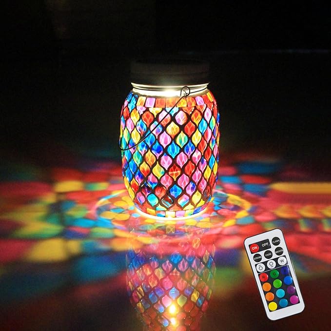 Solar Mosaic Outdoor Lanterns - 12 Color Changing LED, 4 Lighting Modes with Remote Control, Handcrafted Glass Decor Lights, Hanging or Tabletop Decor for Garden (red)