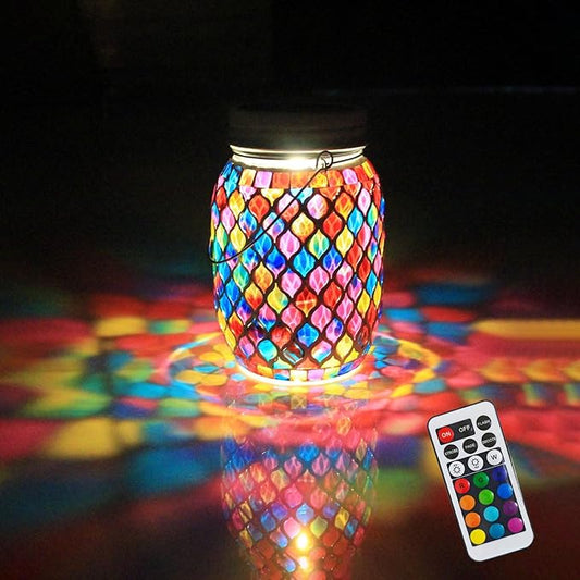 Solar Mosaic Outdoor Lanterns - 12 Color Changing LED, 4 Lighting Modes with Remote Control, Handcrafted Glass Decor Lights, Hanging or Tabletop Decor for Garden (red)