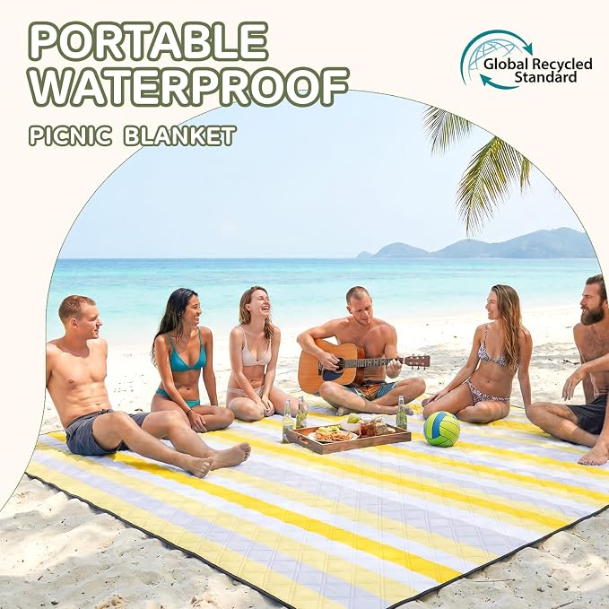 Genovega Waterproof Beach Blanket Picnic Outdoor Mat Rug Extra Large Portable Umbrella Wagon Folding Pop Tent Sun Shelter Shade Canopy Ball Cart Cool Cabana Anchor Fan Mesh Bag Tote Toallas Manta