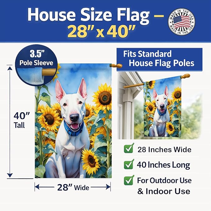 Caroline's Treasures DAC6071CHF English Bull Terrier in Sunflowers House Flag Large Porch Sleeve Pole Decorative Outside Yard Banner Artwork Wall Hanging, Polyester, House Size, Multicolor