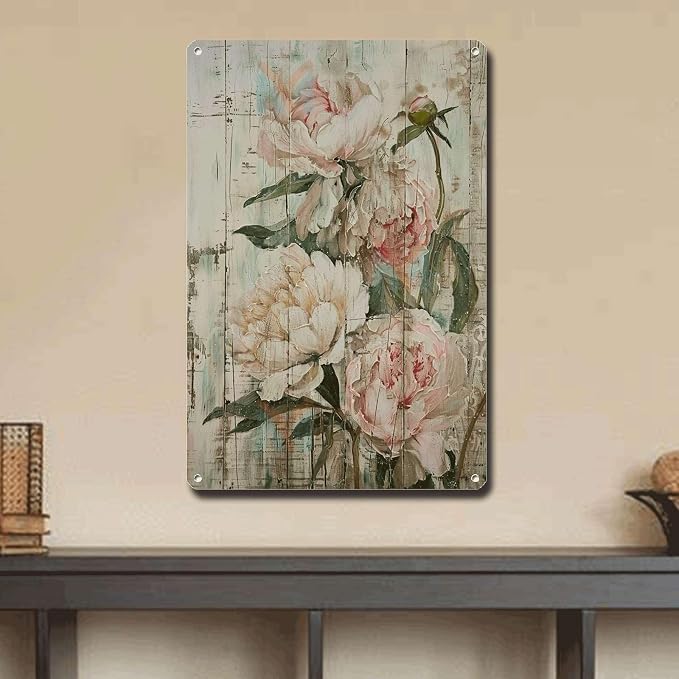 Metal Sign Tin Sign Vintage Wall Art Shabby Chic Peony Tin Sign for Floral Opulence Rustic Wall Decor and Distressed Wood Surfaces Bathroom Signs for Home for Club 8×12 Inches
