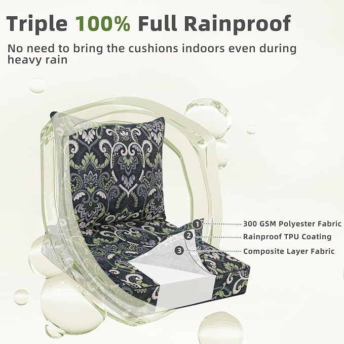 Favoyard Outdoor Deep Seat Patio Cushions Set, 24 x 24 Inch Rainproof & 3-Year Fade Resistant Patio Furniture Cushion, Removable Bottom & Back Cushion with Ties for Yard, Garden, Green Floral
