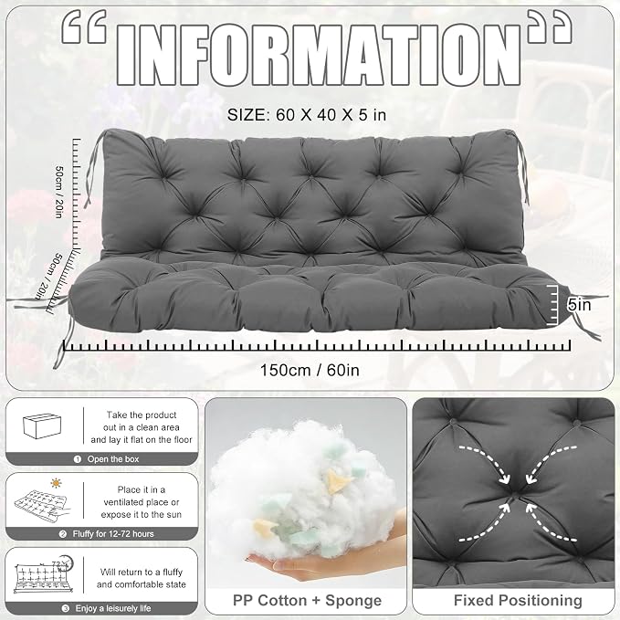 Outdoor Swing Cushion Replacement Waterproof Porch Swing Cushions with Backrest Extra Thick 5" Bench Cushions with Ties for Outdoor Furniture Patio Backyard Garden Lawn (Dark Gray 60x40x5inch)