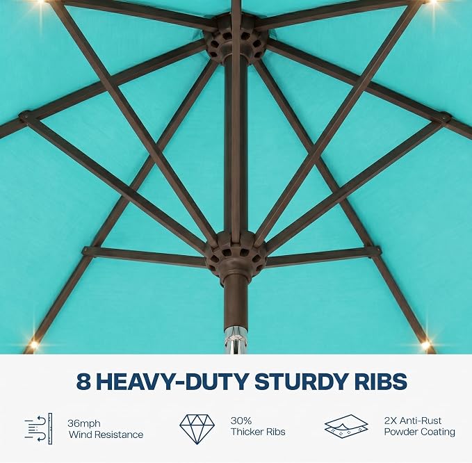 10FT Solar Patio Umbrella with Lights, Outdoor Table Market Umbrella with 32 LED Lights, 8 Sturdy Ribs, Push Button Tilt and Crank for Pool, Deck and Garden, UV-Resistant