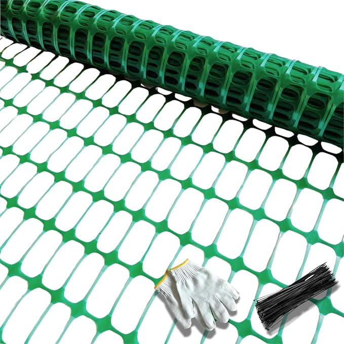 PotatoLife Plastic Mesh Fence, Extra Strength 4'x50' Roll with 50 Zip Ties, Resuable Temporary Netting for Garden Fencing, Snow Fencing, Animal Barrier, Poultry, Deer, Dog, Construction, Green