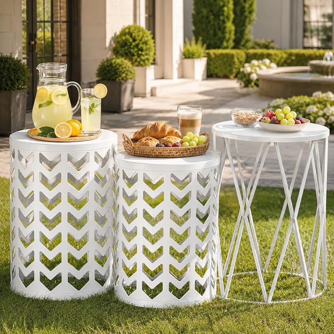 Y&M Outdoor Side Tables Set of 3, Round Heavy Duty Metal Nesting End Tables, Stacking Patio Accent Tables for Outside, Balcony, Garden, Porch, Indoor & Outdoor, White