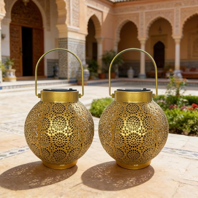 Solar Lanterns Outdoor Hanging 2 Pack, Waterproof Metal Garden Lights with Polka Dot Cutout Design, Dusk to Dawn Auto On/Off LED Decorative Lamp for Patio Porch Yard Tabletop, Shiny Gold