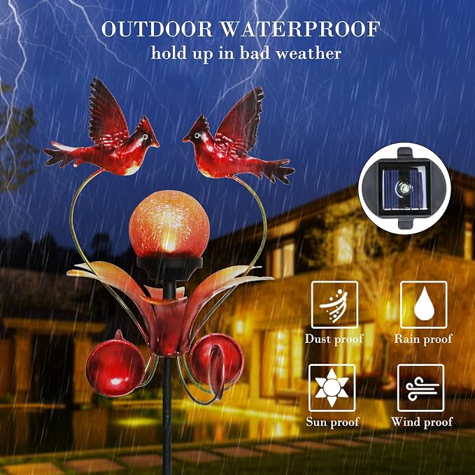 Decorative Solar Outdoor Light, Cardinal Glass Globe Stake For Lawn Yard | Solar Cardinal Lights With Wind Spinner Design, Crackle Glass Globe, Auto On/Off For Garden, Lawn, Yard