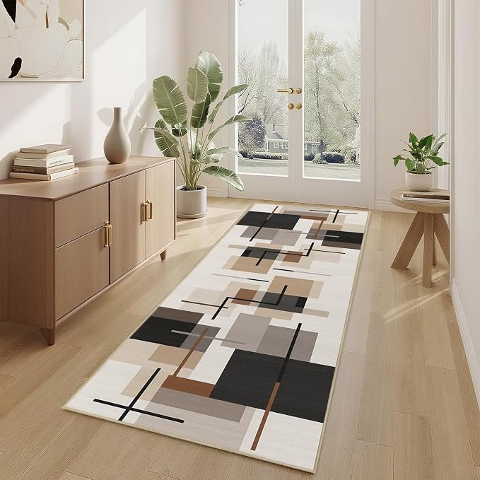 Geometric Runner Rug 2x6 for Hallway Neutral Abstract Mid Century Modern Rug Soft Washable Rugs Non Slip Low Pile Carpet for Kitchen Entryway Laundry Room Bedroom,Beige Brown Black