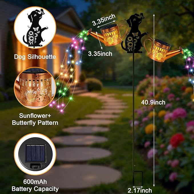 2 Pack Solar Watering Can Lights, Metal Solar Lights Outdoor Decorative with Dog Silhouette Stake, Waterproof Hanging Lantern Garden Decor Light for Outside, Patio, Yard, Birthday Gifts, Multicolor