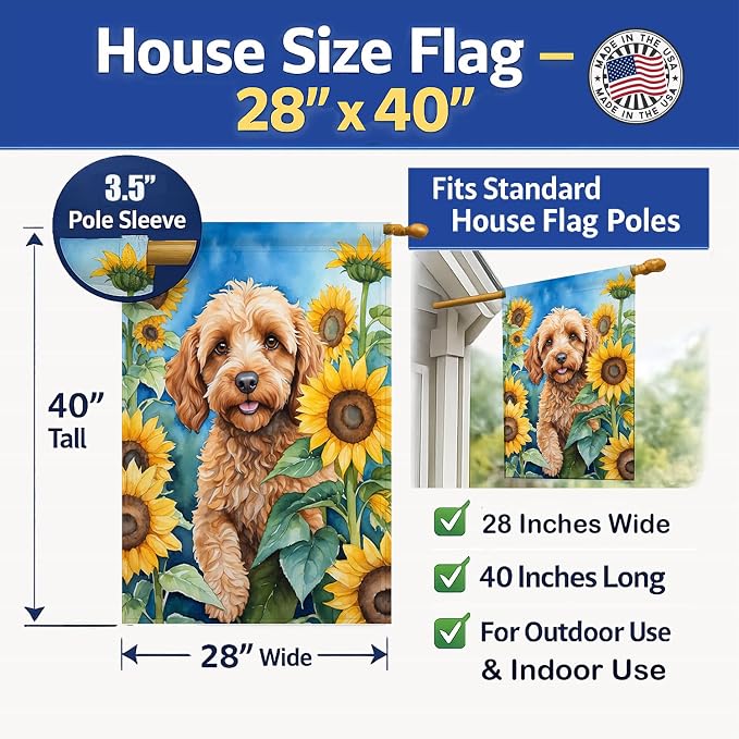 Caroline's Treasures DAC6057CHF Cockapoo in Sunflowers House Flag Large Porch Sleeve Pole Decorative Outside Yard Banner Artwork Wall Hanging, Polyester, House Size, Multicolor
