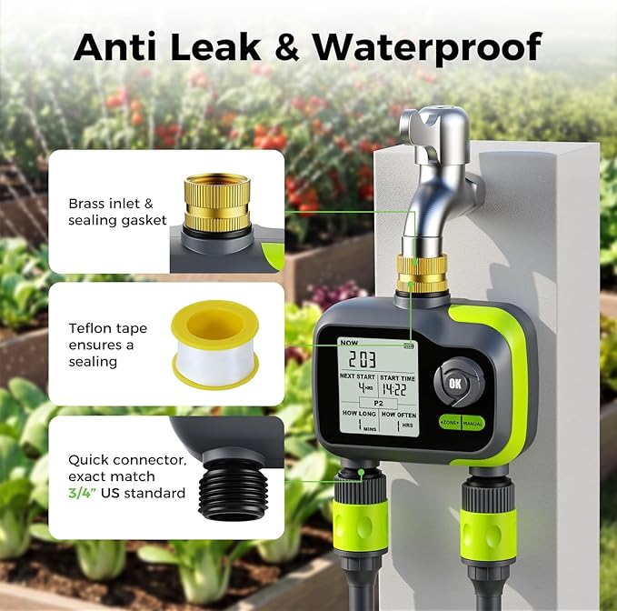 Sprinkler Timer, Watering Timer for Garden Hose, 2 Outlets Programmable Hose Timers with Rain Delay, Outdoor Soaker Auto & Manual Drip Irrigation Controller System for Lawn Yard Greenhouse