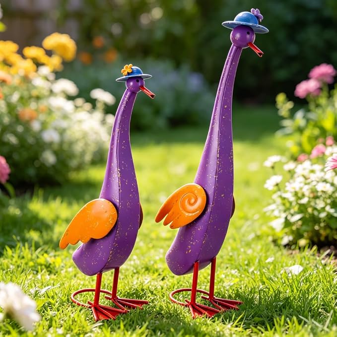 22" Duck Garden Statue Set of 2 Metal Ducks | Outdoor Yard Art Porch Animal Figurine Lawn Ornament Rustproof Yard Sculptures for Outside Patio Backyard Decorations