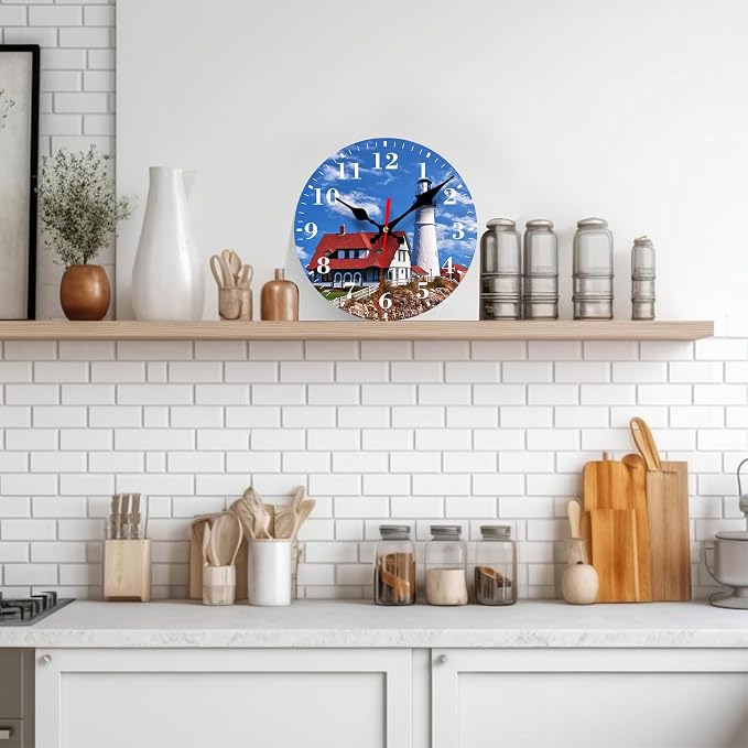 Wall Clocks Battery Operated, Beautiful White Lighthouse Silent Non Ticking Decorative Indoor Outdoor Wall Clocks for Living Room Kitchen Bedroom Bathroom 12"