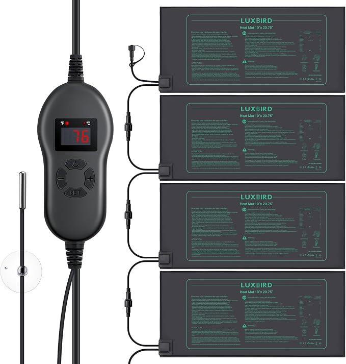 LUXBIRD 4 Pack Seedling Heat Mats with Digital Thermostat Controller, 10" x 20.75" Waterproof for Seed Starting, Germination, Hydroponics, Brewing, Breeding, Greenhouses (LB-HT04)