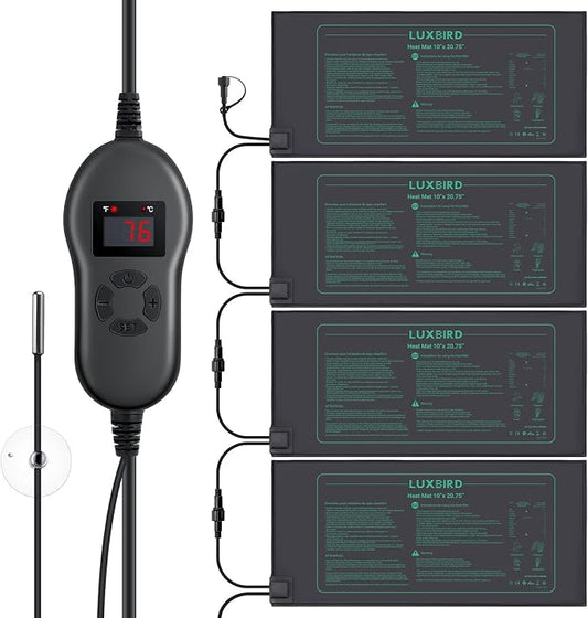 LUXBIRD 4 Pack Seedling Heat Mats with Digital Thermostat Controller, 10" x 20.75" Waterproof for Seed Starting, Germination, Hydroponics, Brewing, Breeding, Greenhouses (LB-HT04)