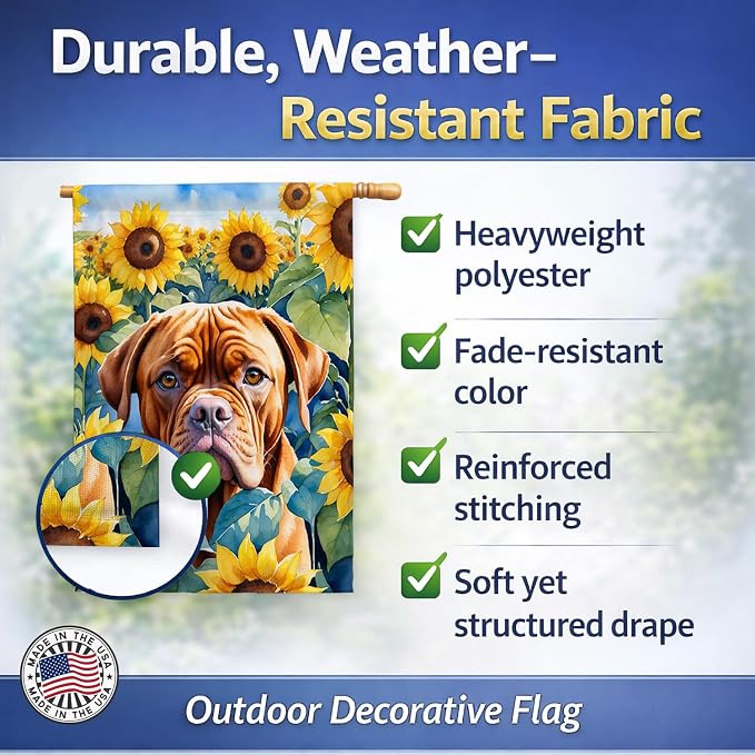 Caroline's Treasures DAC6069CHF Dogue de Bordeaux in Sunflowers House Flag Large Porch Sleeve Pole Decorative Outside Yard Banner Artwork Wall Hanging, Polyester, House Size, Multicolor