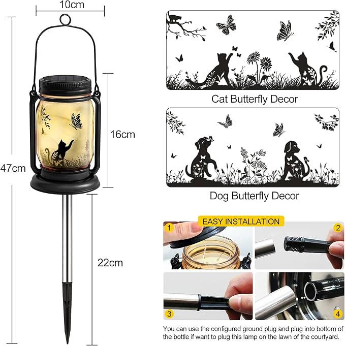 YJFWAL Solar Cat & Butterfly Lanterns Outdoor Waterproof - Cat Lover Gifts for Women Mom Grandmom Birthday Mothers Day, LED Hanging Mason Jar Fairy Lights for Garden Yard Patio Decor
