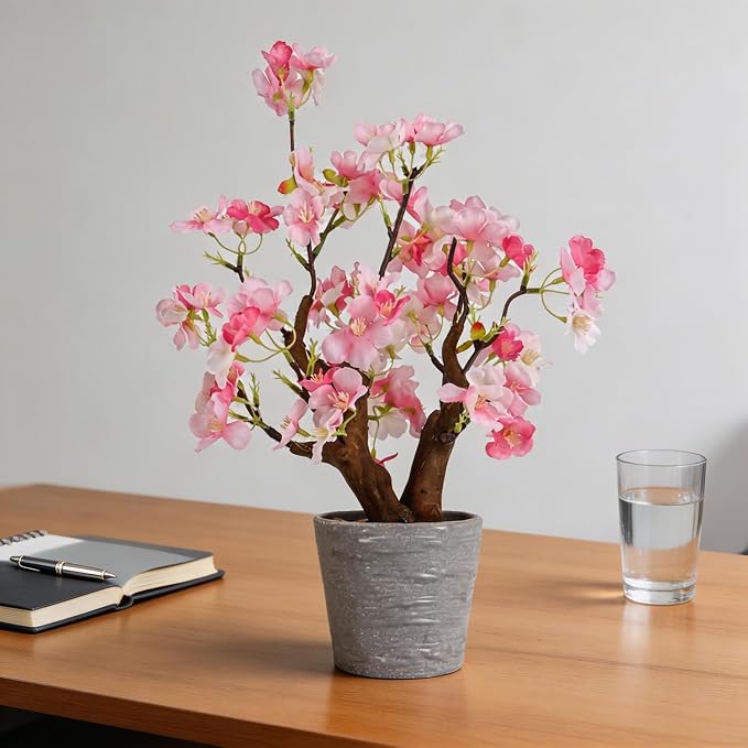 TOARTi Artificial Pink Cherry Blossom Potted Plant with Pot, 9.8" Tall Fake Flowers Faux Plant Desk Decor, Realistic Decorative Plants Indoor Decor for for Home Bedroom Bathroom Office Desk