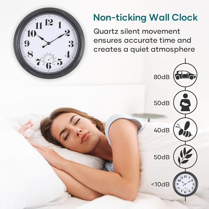Outdoor Wall Clock 12 Inch Waterproof Outdoor Clocks with Thermometer Wall Clock Battery Operated Non-Ticking for Patio Pool Garden(12Inch, Dark Black)