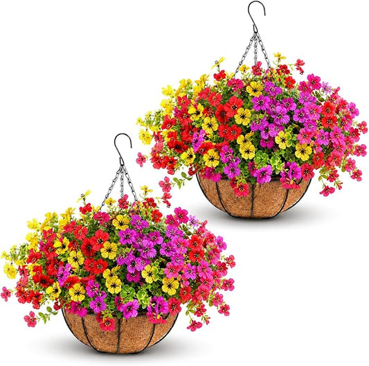 Geegoods 2 Pack Artificial Hanging Flowers for Outdoors, 24 Pcs UV Resistant Faux Mums Flowers with 2 Hanging Baskets, Fake Hanging Plants for Front Porch, Patio, Balcony, Yard and Garden Decor