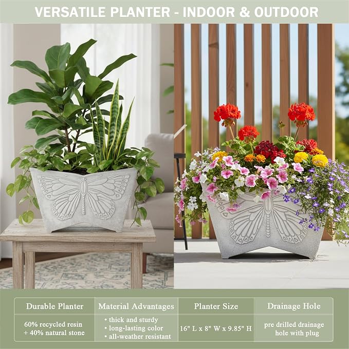 GreenShip 16 Inch Large Resin Flower Pots Set of 2, Resin Planter Pot with Drainage Hole, Vintage Butterfly Embossed Decorative Garden Pot, Weather-Resistant for Porch, Patio, Indoor Use, Light Grey