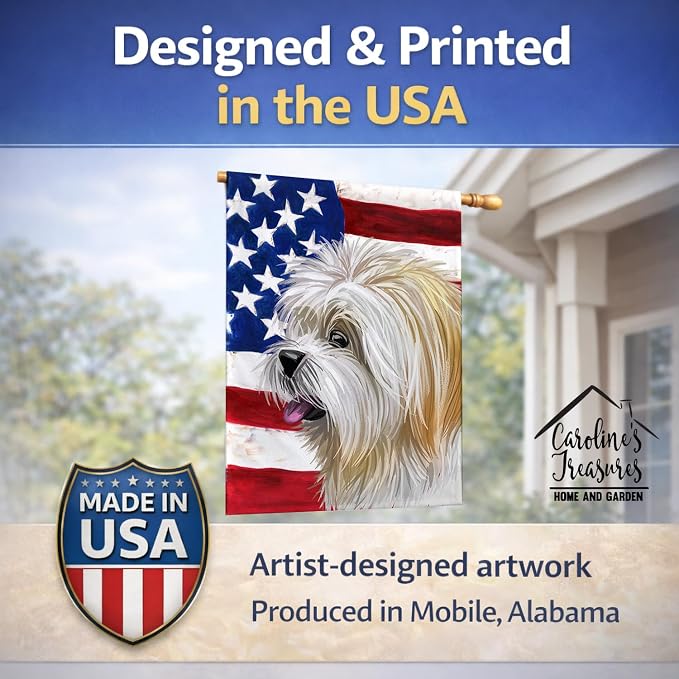 Caroline's Treasures CK6607CHF Lhasa Apso American Flag House Flag Large Porch Sleeve Pole Decorative Outside Yard Banner Artwork Wall Hanging, Polyester, House Size, Multicolor