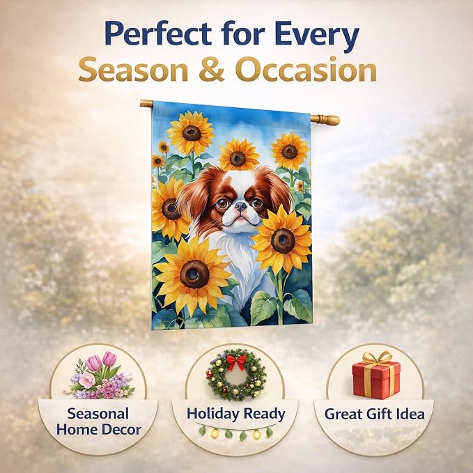 Caroline's Treasures DAC6104CHF Japanese Chin in Sunflowers House Flag Large Porch Sleeve Pole Decorative Outside Yard Banner Artwork Wall Hanging, Polyester, House Size, Multicolor