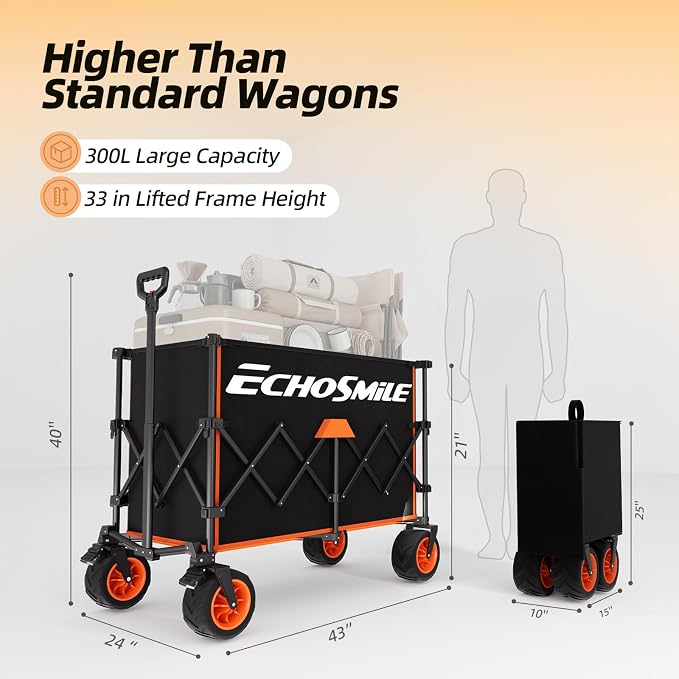 EchoSmile Collapsible Foldable Extended Wagon with 500Lbs Weight Capacity, 300L Folding Utility Wagon Cart with Big All-Terrain Wheels for Beach,Sport,Garden&Grocery (Black&Orange)