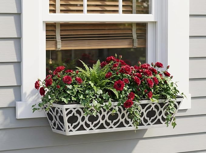 Y&M 24'' Railing Planter Box Set with Black Non-Woven Liner, Gray Metal Large Hanging Flower Boxes with Adjustable Brackets for Fence, Deck, Balcony, and Garden - 4 Pcs