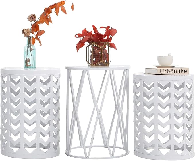 Y&M Outdoor Side Tables Set of 3, Round Heavy Duty Metal Nesting End Tables, Stacking Patio Accent Tables for Outside, Balcony, Garden, Porch, Indoor & Outdoor, White