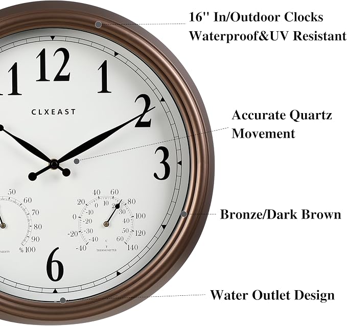 CLXEAST Indoor Outdoor Clocks Waterproof 16 Inch, Large Outdoor Clock Thermometer Combo& Hygrometer,Bronze/Dark Brown Finish,House Warming Gifts New Home