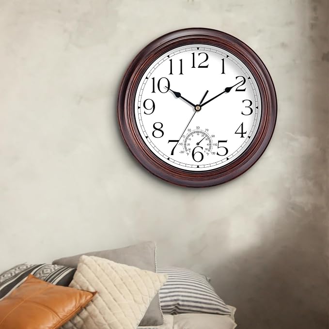 KECYET 10 Inch Outdoor Wall Clock with Thermometers, Vintage Silent Wall Clocks Battery Operated, Retro Non-Ticking Clock Decorative for Living Room, Patio, Kitchen, Office, Bathroom, Bedroom(Bronze)