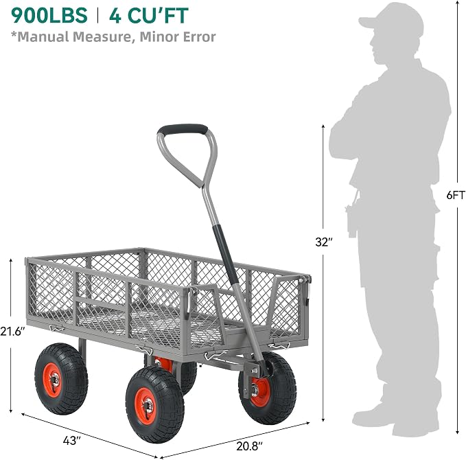 Heavy Duty Garden Cart, 900 lb Steel Wagon with All Terrain Tires | Removable Sides Become Flatbed, 180° Rotating Handle,for Yard, Garden, Hauling