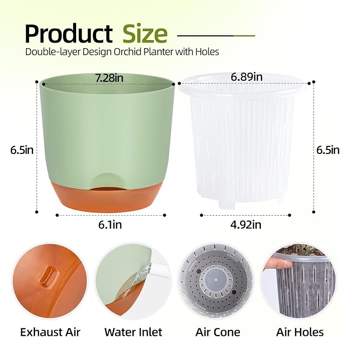 QCQHDU 7.2Inch Orchid Pots with Holes for Repotting, Double-Layer Plastic Self Watering Flower Pots for Indoor Plants with Drainage Holes, Clear Orchid Pot Match Decorative Orchid Container, 3 Packs