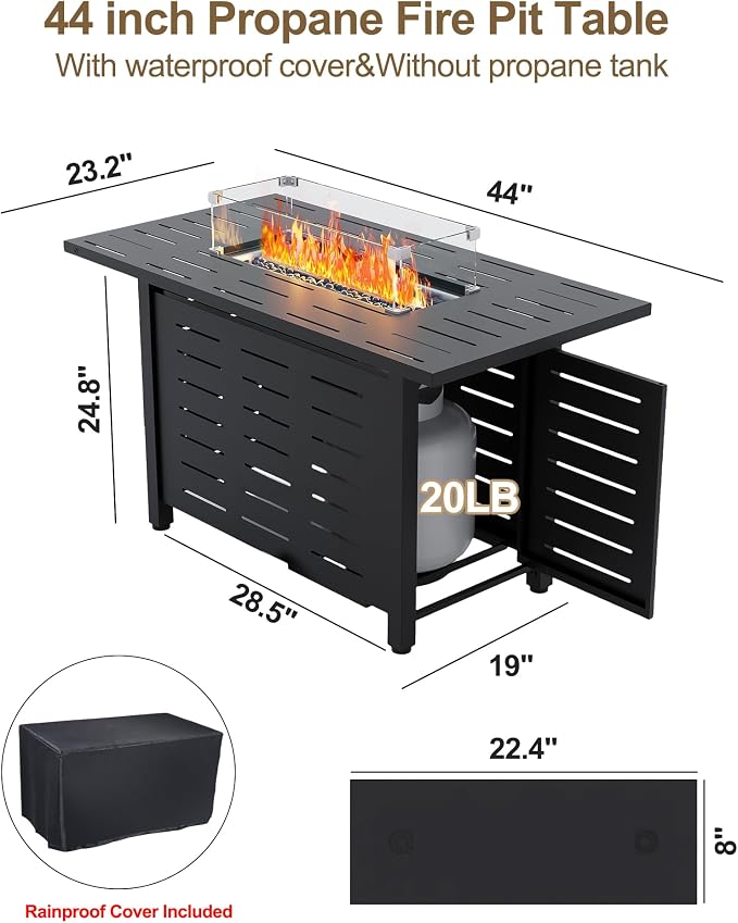 Hipicute 44" Outdoor Propane Fire Pit Table, 48,000 Btu Lp Gas Rectangular Fire Table with Ignition Systems and Lid,Outdoor Firetable with Glass Rocks for Patio Deck Garden Backyard