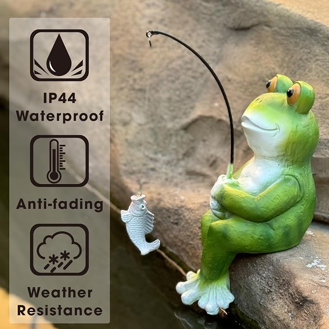 Frog Decoration for Yard Outdoor Garden Decor 9.7 Inch Tall Fishing Frog Statue for Koi Pond, Waterfalls or Poolside Ornaments, Fisher Animals Pond Decor, Gift for Mom & Women