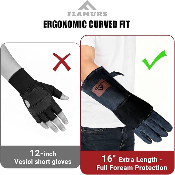 16-Inch Leather Firewood Gloves - Double Layer Full Lining with Fireproof Thread Stitching - for Smokeless Fire Pit Outdoor Cooking, Welding, Bite & Scratch Proof Against Pets - Black, G0301