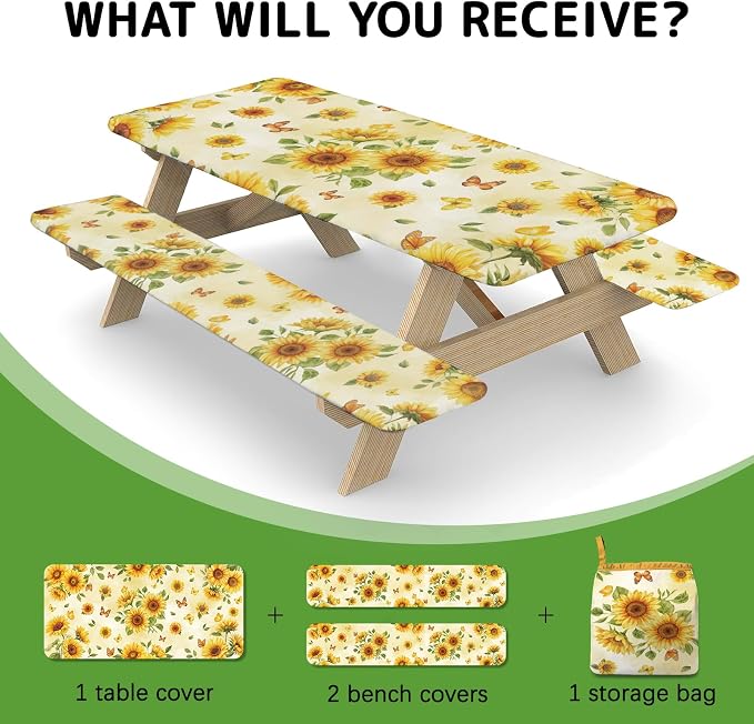 Picnic Table Cover with Bench Covers Elastic Edges, 3 Pcs Sunflower Fitted Table Cover with Drawstring Bag, Waterproof Windproof Aesthetic Camping Tablecloth, Outdoor Camping Essentials 72 Inch