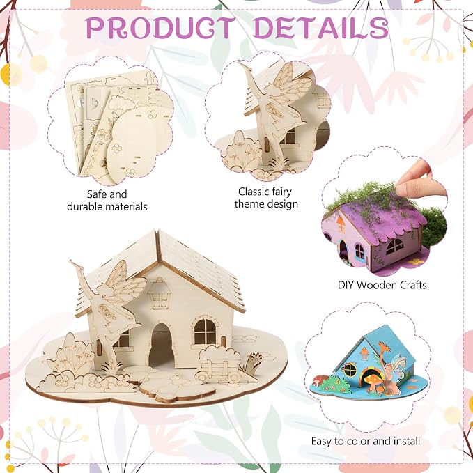 DoubleFill 18 Sets Wooden Fairy House DIY Kit Craft - DIY Fairy Garden with Paints & Decorations - Arts Crafts & Birthday Gift for Craft Activity Party Decor (Lovely Short)