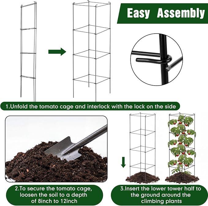 Hicarer 16 Pack Square Tomato Cage Heavy Duty Tomato Cages for Garden Vegetable Plant Trellis Stakes Plant Support Stake Tower for Climbing Vegetables Plants Flowers Fruit (11.5 x 46 Inches,Black)
