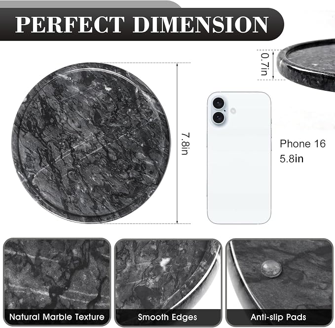 Natural Round Marble Tray - 7.8" Marble Vanity Tray for Dresser, Bathroom, Decorative Jewelry Dish for Perfumes Rings Earrings Necklaces, Stone Tray for Home Décor, Black