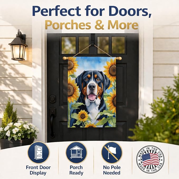 Caroline's Treasures DAC6094CHF Greater Swiss Mountain Dog in Sunflowers House Flag Large Porch Sleeve Pole Decorative Outside Yard Banner Artwork Wall Hanging, Polyester, House Size, Multicolor